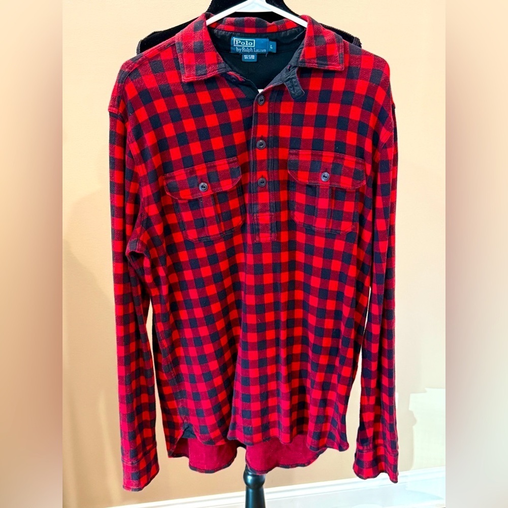 Men’s Vintage POLO RALPH LAUREN Red buffalo plaid Henley shirt- Size Large